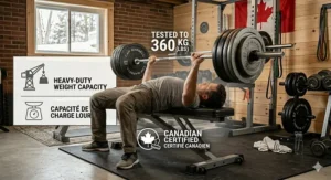 High-detail photograph of a man using a heavy barbell on a sturdy budget weight bench in a Canadian home gym, with natural light and readable bilingual labels for the tested 360 kg capacity.
