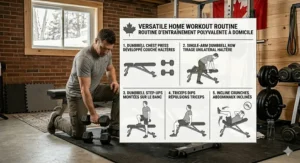 High-detail illustration of a man preparing for a multi-exercise, full-body workout in a Canadian home gym, with natural light and readable bilingual diagrams showcasing the versatility of the budget weight bench.