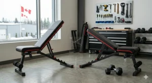 Close-up of a weight bench assembly guide featuring instructions in English and French (Français) for Canadian users.