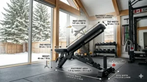 Top-down view of weight bench dimensions shown in both centimeters and inches for precise Canadian home gym planning.