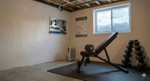Versatile workout bench under $300 including a leg developer attachment for extensions and curls in a home fitness setup.