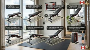 Illustration 8 is a visual guide showing 8 different adjustable positions of the small-space weight bench, from flat to incline, decline, and fully folded, with angles and common exercises detailed.