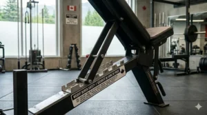 Close-up of adjustment pins on a weight bench featuring bilingual English and French safety instructions for the Canadian market.