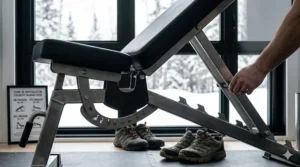 Multilingual instruction manual showing an adjustable heavy duty weight bench with incline and decline positions.