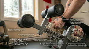 Multi-angle adjustment mechanism for the best decline bench, featuring preset 15, 30, and 45-degree angles for versatile strength training in a Canadian fitness setting.