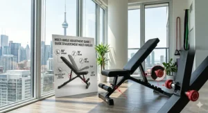 Technical illustration showing the multiple incline and decline positions of an adjustable portable weight bench.
