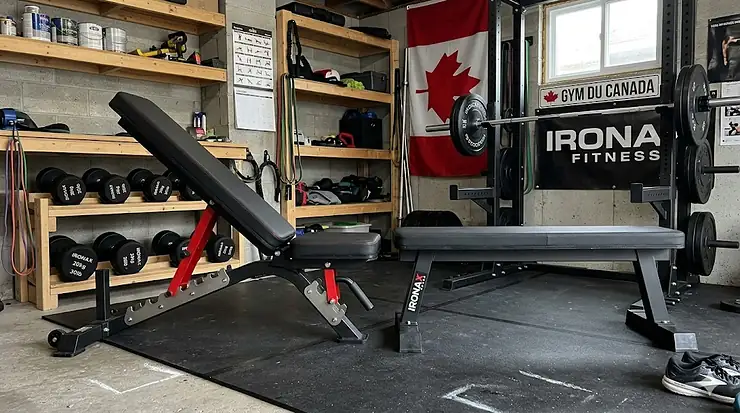 A side-by-side comparison of an adjustable vs flat weight bench in a Canadian home garage gym, showing different incline positions for strength training.