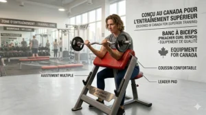 Professional product showcase of a Canadian-made preacher curl bench (banc à biceps) with bilingual feature callouts and branding.