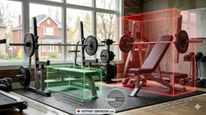 Alt text for image 6: A bilingual English and French photorealistic infographic comparing utility and Olympic benches, featuring CSA-approved certifications and primary exercise uses.