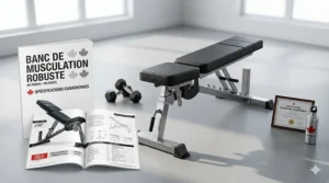 A heavy duty weight bench (banc de musculation robuste) featured in a clean, bilingual Canadian fitness equipment catalog.
