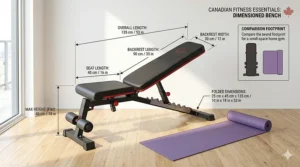 Illustration 2 is a dimensioned diagram of the adjustable weight bench from image_0.png, detailing overall length, folded height, and specific backrest and seat measurements for small-space home gym planning.
