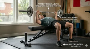 A fit man demonstrating proper barbell bench press form on the flat setting of a sturdy folding weight bench / banc de musculation pliable. Text overlays show bilingual form cues like 'PERFECT BARBELL PATH / TRAJECTOIRE DE BARRE PARFAITE'.