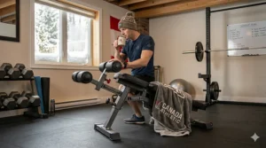 Indoor winter home gym inspiration featuring the best decline bench with a snowy Canadian view, emphasizing year-round fitness and rugged equipment durability.