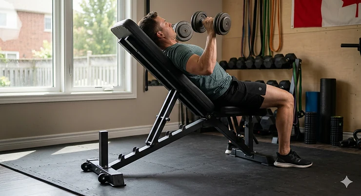 Top-rated folding weight bench / banc de musculation pliable in a modern Canadian home gym setting, versatile for strength training.