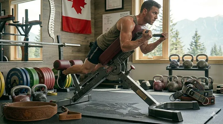 A professional-grade back extension machine in a Canadian home gym, established as the best hyperextension bench for local fitness enthusiasts.