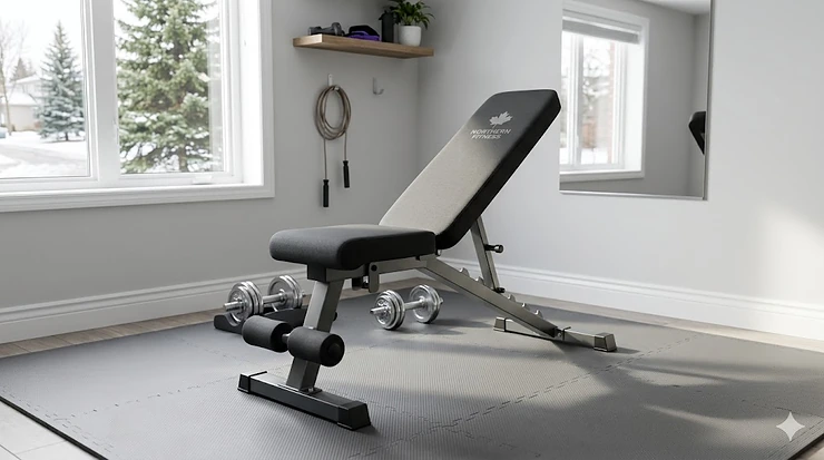 A versatile, adjustable weight bench for beginners in a Canadian home gym setting, featuring high-density foam padding and a sturdy steel frame.