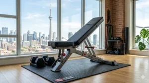 A premium adjustable weight bench for a home gym in a bright Toronto loft with a view of the CN Tower.