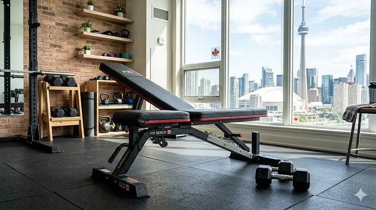 A high-quality adjustable weight bench under $500 in a modern Toronto home gym with a view of the CN Tower.