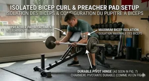 A fit man performing an isolated bicep curl on a preacher pad attachment mounted on a folding weight bench. Bilingual text overlays label the 'PREACHER PAD ATTACHMENT / ATTACHEMENT DU PUPITRE À BICEPS' and show muscle targeting.