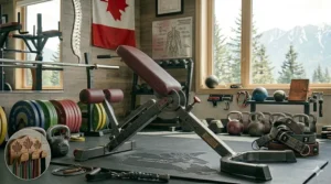Close-up of fitness equipment featuring bilingual English and French safety instructions, standard for the best hyperextension bench models in Canada.
