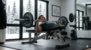 A Canadian athlete performing a bench press on a heavy duty weight bench in a minimalist basement gym.
