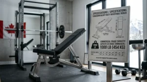 Infographic of heavy duty weight bench dimensions and 1000lb capacity suitable for Canadian powerlifters.
