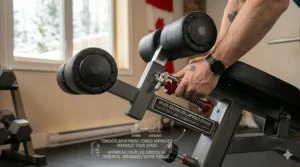 Compact folding decline bench designed for Toronto apartments and Vancouver condos, showing the space-saving collapsible design with bilingual fold and unfold instructions.