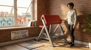 A space-saving preacher curl bench styled in a compact Montreal apartment loft, highlighting its suitability for smaller Canadian home gyms.
