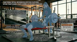 High-detail illustration of a competition bench press bench featuring mandatory bilingual English and French safety warning placards.