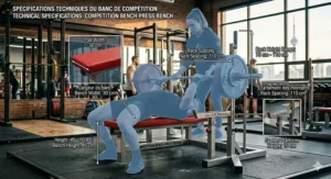 Technical diagram of a competition bench press bench showing IPF-standard dimensions in centimeters for Canadian powerlifting meets.