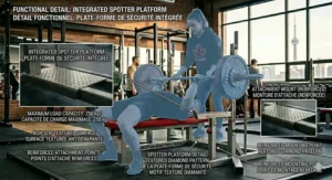 Functional design illustration of a competition bench press bench highlighting reinforced attachment points and maximum load capacity.