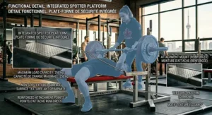 Detailed view of the integrated spotter platform and safety design features on a professional competition bench press bench.
