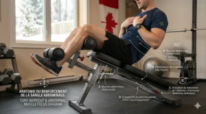 Decline sit-up bench for core conditioning (renforcement de la sangle abdominale) with a muscle activation diagram focusing on the abdominals and hip flexors.