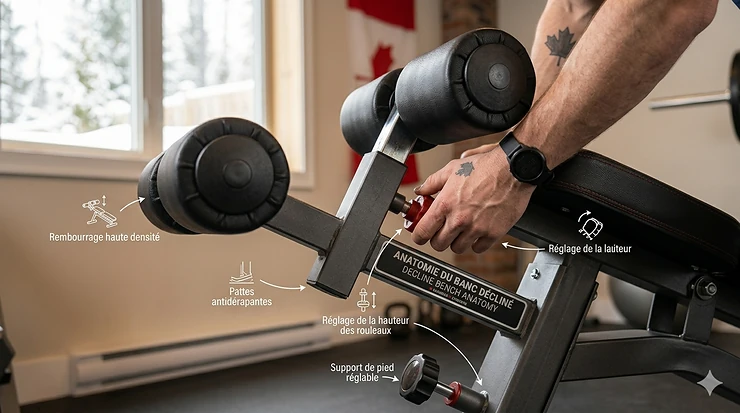 Detailed anatomy diagram of the best decline bench (anatomie du banc décliné) highlighting the reinforced steel frame and high-density foam padding for Canadian strength training.
