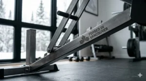 Close-up of the powder-coated steel frame on a heavy duty weight bench designed to withstand humid coastal climates.