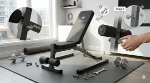 Simple step-by-step assembly illustration for a beginner weight bench, highlighting CSA-compliant safety bolts and hardware.