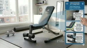 Illustration highlighting the sweat-resistant, ergonomic leather padding of a top-rated weight bench for beginners in Canada.