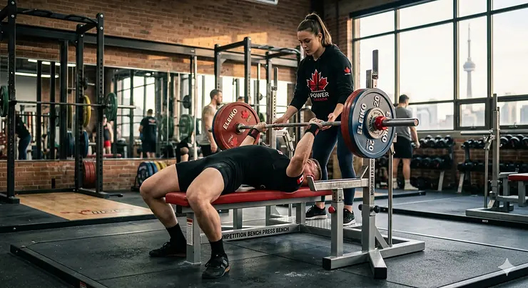 Professional powerlifter and spotter using a competition bench press bench in a Toronto gym facility with natural light.