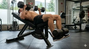 Illustration of an adjustable FID bench set to a decline angle for a lower chest workout, popular for specialized strength training in Canadian home gyms.