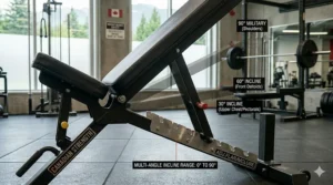 Detailed view of the padded foot rollers on an FID bench, essential for stability during decline presses and sit-ups.