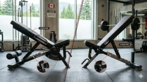 Technical diagram comparing the steel frame gauge and bolt-together construction of a premium FID bench versus a standard flat-to-incline model.