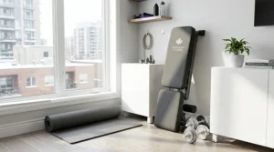 A foldable weight bench for beginners designed for small Canadian apartments or condos, shown collapsed for easy storage.