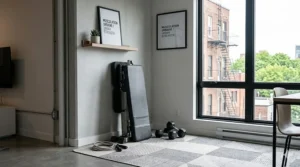 A space-saving heavy duty weight bench tucked away in a stylish Montreal apartment workout corner.