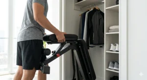 Illustration of a portable weight bench folded flat for easy storage in a small apartment closet.