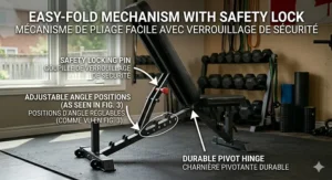 A close-up safety diagram showing the engaged locking pin and easy-fold hinge mechanism / mécanisme de pliage facile of a multi-position folding weight bench / banc de musculation pliable. Bilingual text overlays identify 'SAFETY LOCKING PIN / GOUPILLE DE VERROUILLAGE DE SÉCURITÉ' and illustrate how it references `image_6.png`.