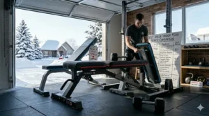 Compact folding weight bench under $500 designed for small condo living in Vancouver or Montreal.