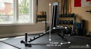 Dimensions of a compact folding weight bench / banc de musculation pliables in centimeters, ideal for small Toronto condo living.