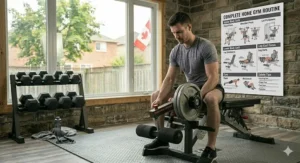 Infographic of a full-body workout routine using a weight bench with leg extension for Canadian fitness enthusiasts.