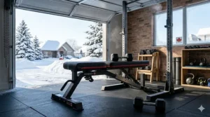 A heavy-duty flat weight bench under $500 inside a heated Canadian garage gym during a snowy winter.