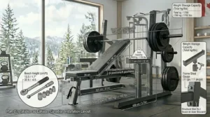 Illustration highlighting the high-intensity weight capacity of a reinforced Olympic weight bench.